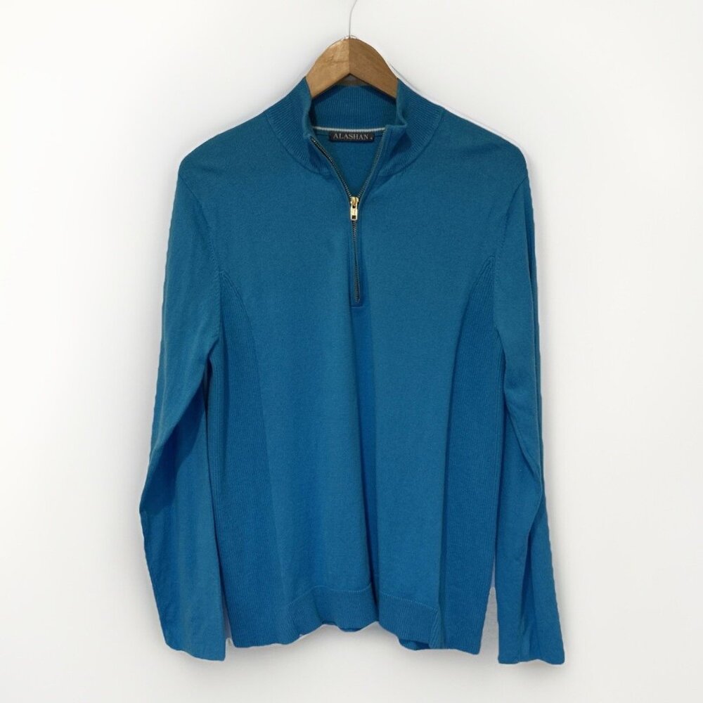 Alashan Quarter Zip Sweater Women XL Blue Cotton Cashmere Ribbed Side Panels